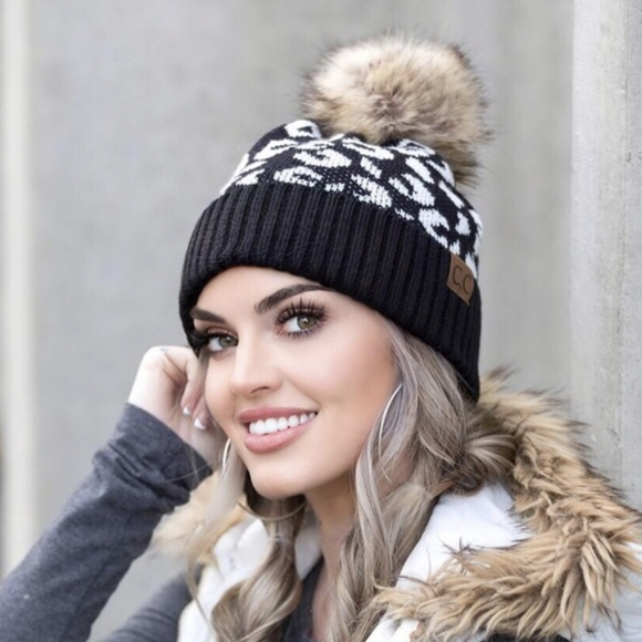 Last Two! Stylish Black and White C.C. Beanie w/Leopard Print & Faux Fur Pom - Picture 3 of 6